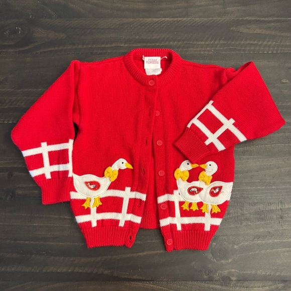 Vintage Polly Flinders Toddler Sweater Red Cardigan Size Medium Embroidered Duck - Picture 1 of 8